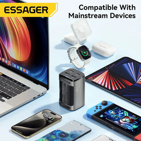 Portable power bank or charger with multiple USB ports compatible with various electronic devices.