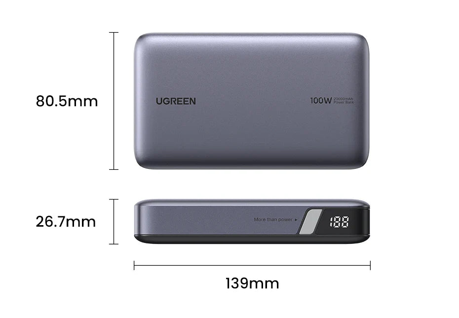 Portable power bank with digital display showing battery percentage.