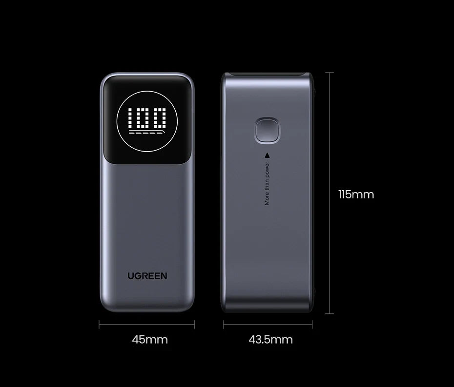 Portable power bank with digital display showing battery percentage.