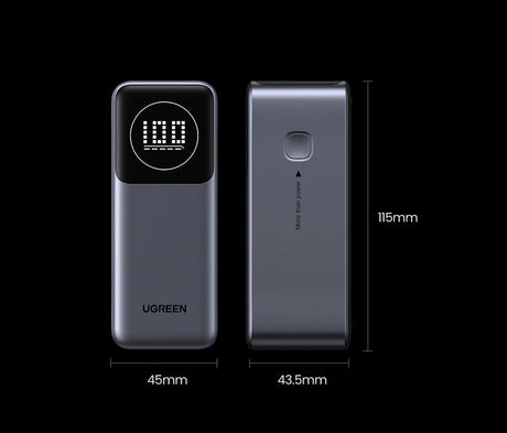 Portable power bank with digital display showing battery percentage.