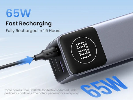 Portable power bank with a digital display and fast charging capability.