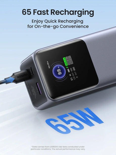 Portable fast-charging power bank with a digital display showing charging status.