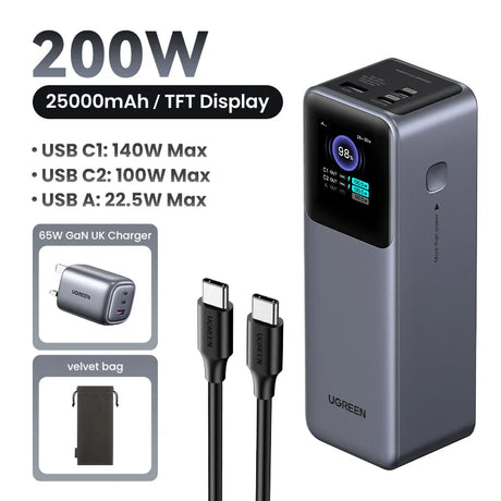 Portable power bank with a digital display and multiple USB ports for charging devices.