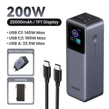 Portable power bank with a digital display and multiple USB ports for charging devices.