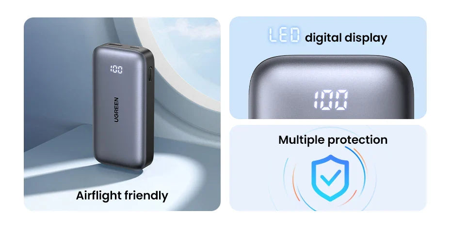 Portable power bank with digital display and protective features.