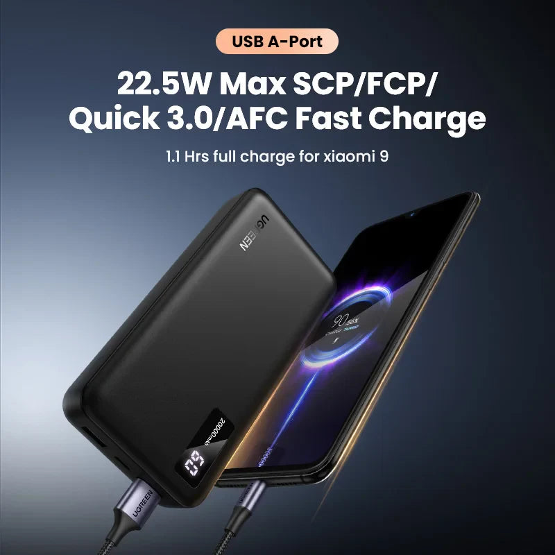 Portable power bank with fast charging capabilities for mobile devices.