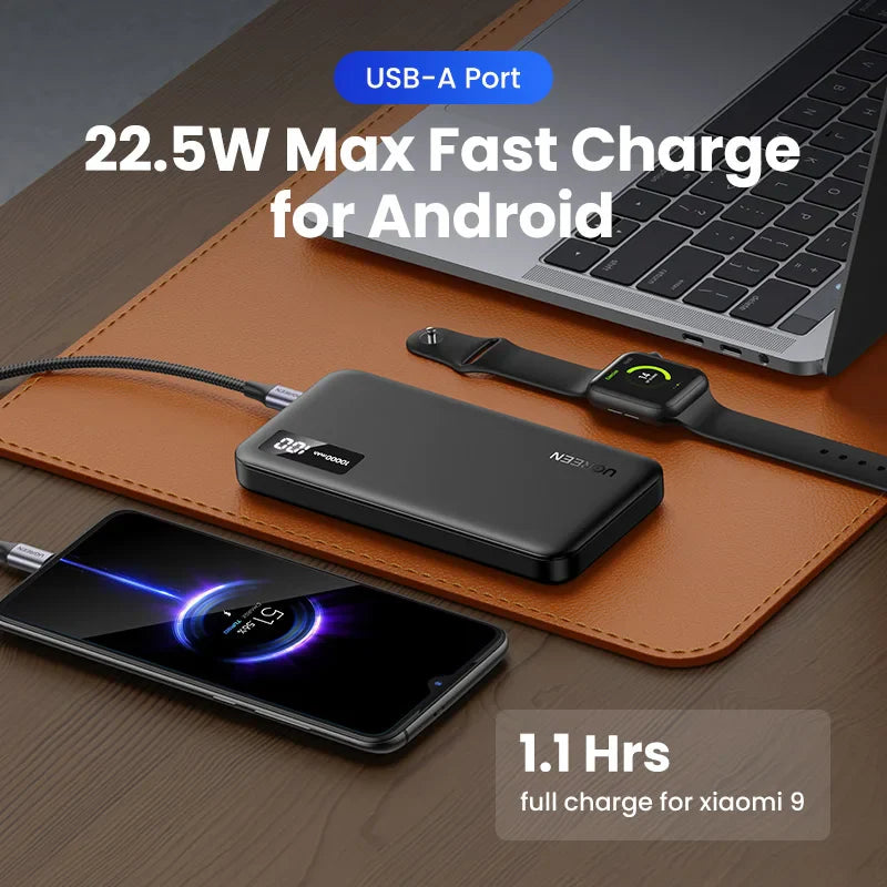 Portable power bank with fast charging capability for Android devices.