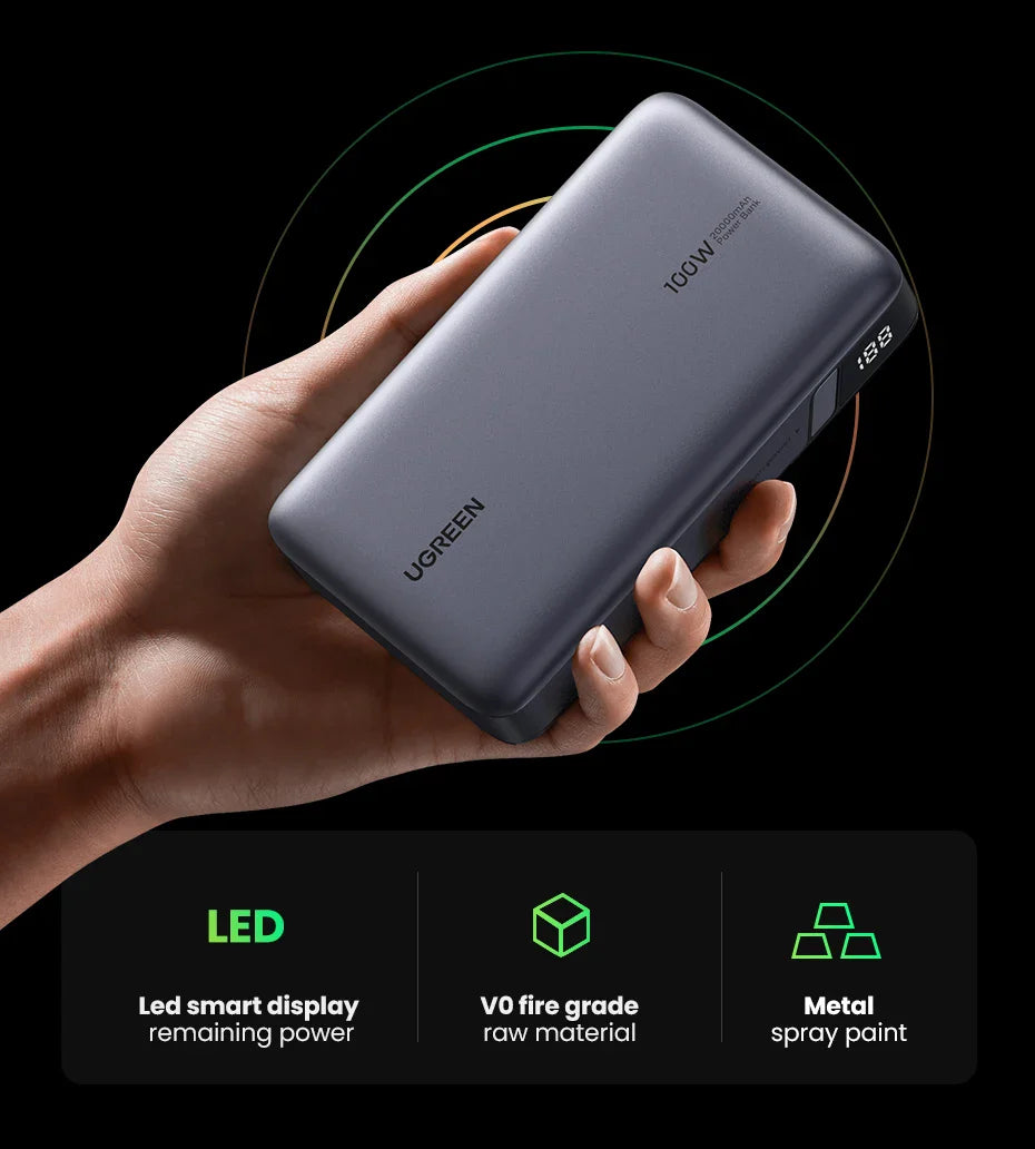 Portable power bank held in a hand, with feature icons displayed below.