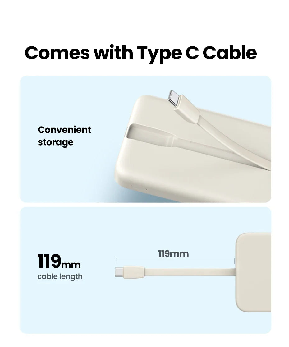 Portable power bank with an integrated Type C cable.