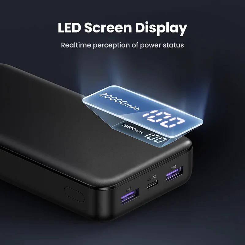 Portable power bank with an LED screen displaying battery percentage and power output.