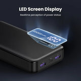 Portable power bank with an LED screen displaying battery percentage and power output.