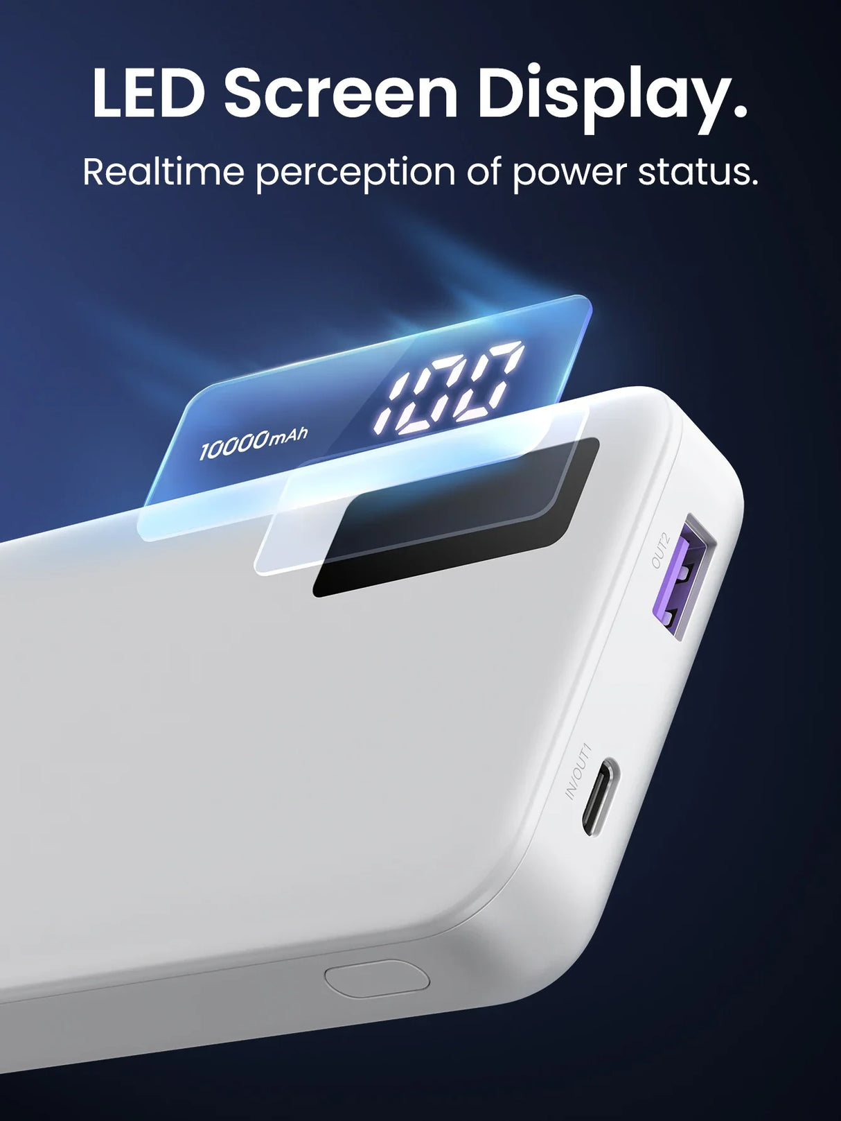 Portable power bank with an LED screen displaying battery percentage.