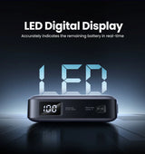 Portable power bank with an LED digital display showing battery percentage.