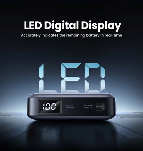 Portable power bank with an LED digital display showing battery percentage.