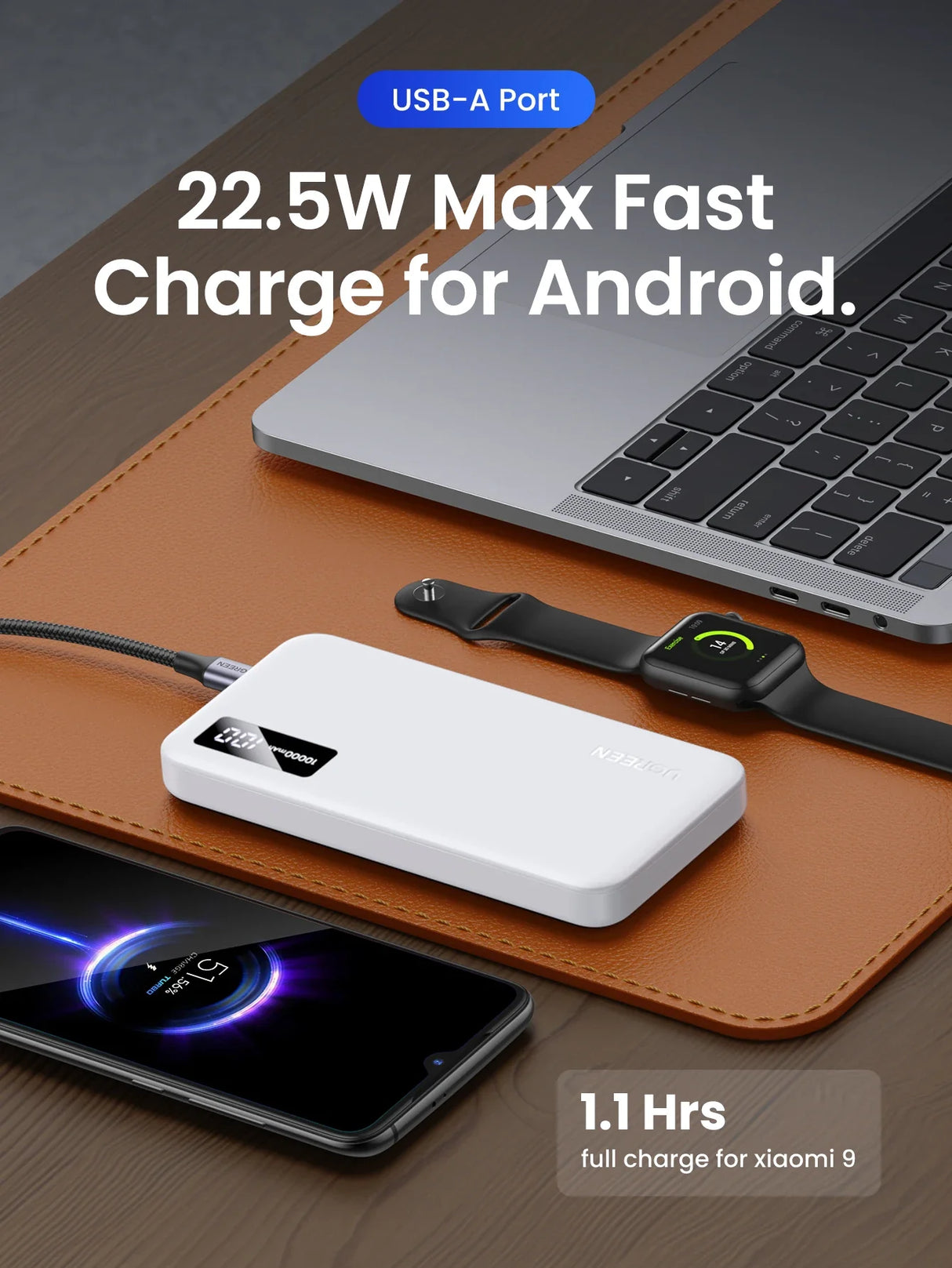 Portable power bank with USB-A port and fast charging capability for Android devices.