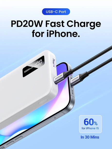 Portable power bank with USB-C port for fast charging iPhones.