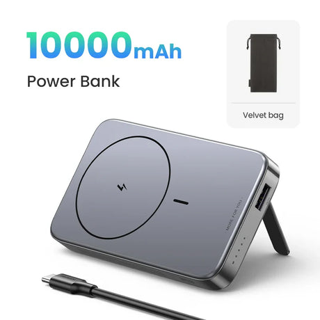 Portable power bank with wireless charging capability and 10000mAh capacity.