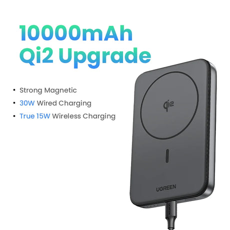 Portable wireless charging power bank with magnetic attachment and wired charging capabilities.