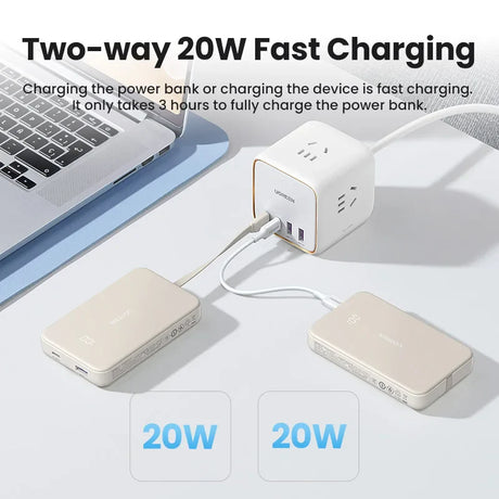 Fast-charging power adapter with multiple ports connected to two power banks.