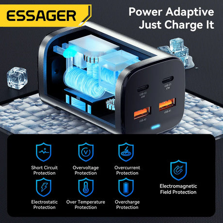 Power adapter with multiple USB ports and internal cooling system, showcasing various protection features.