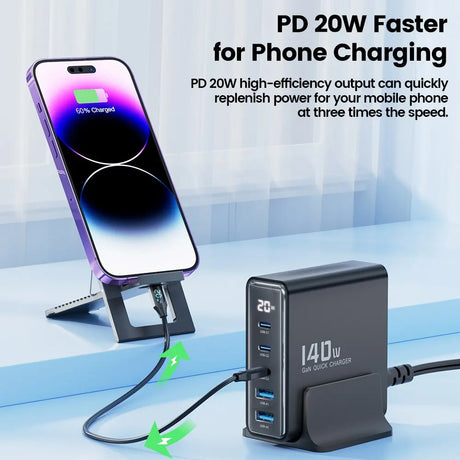 Fast-charging power adapter with multiple USB ports for mobile devices.