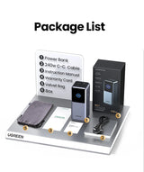 Power bank with accompanying accessories and packaging components.