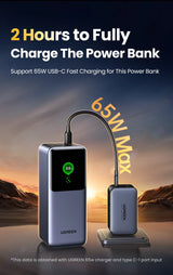 Power bank with fast charging capability and 65W maximum output.