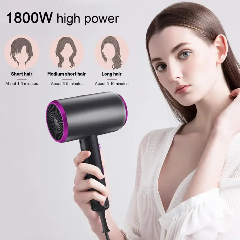 a woman holding a hair dryer with different hair types