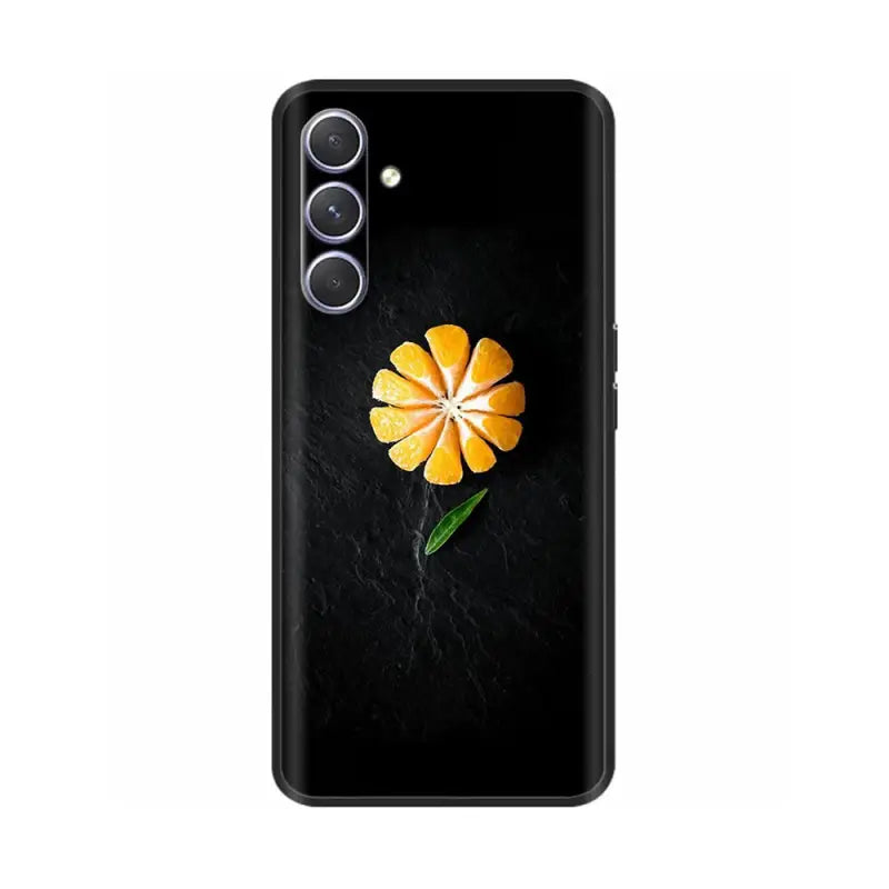 a black phone case with a yellow flower on it