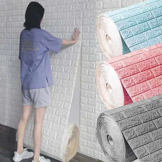a woman is putting a roll of paper on the wall