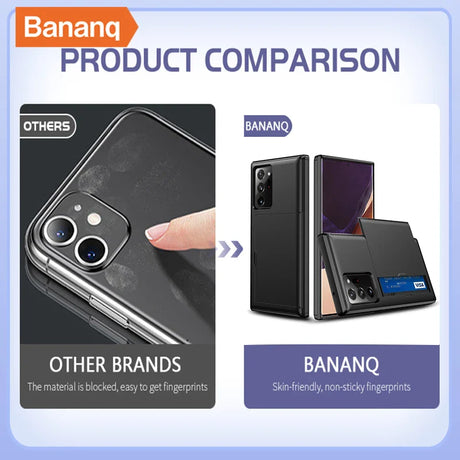 Product comparison between Bananq smartphone cases and other brands, highlighting fingerprint resistance.