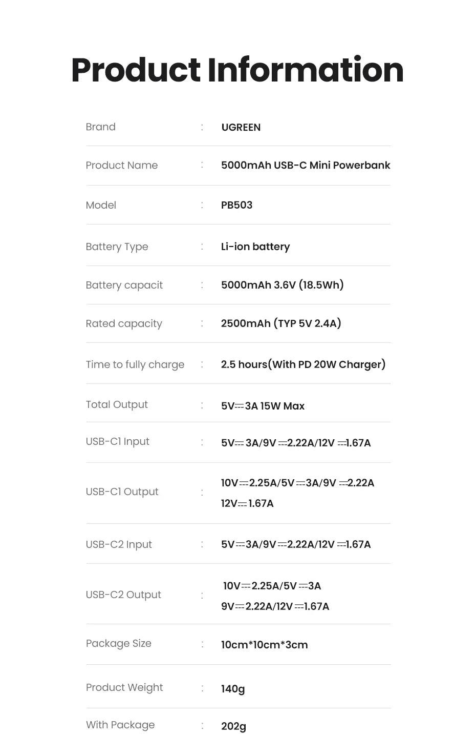 Product information sheet detailing specifications for a USB-C Mini Powerbank.