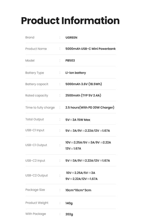 Product information sheet detailing specifications for a USB-C Mini Powerbank.