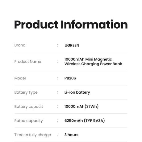 Product information table listing specifications for a UGREEN wireless charging power bank.