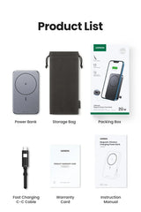 Product list displaying components of a wireless charging power bank set, including the device, accessories, and documentation.