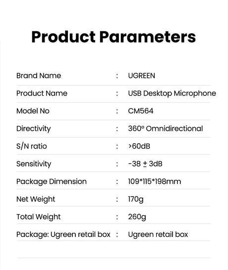 Product parameters for a UGREEN USB desktop microphone.