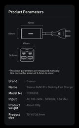 Product specification card for a Baseus GaN3 Pro Desktop Fast Charger, showing dimensions and technical details.