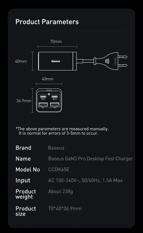 Product specification card for a Baseus GaN3 Pro Desktop Fast Charger, showing dimensions and technical details.