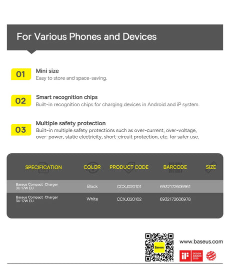 Product specification chart for a phone charger or electronic device, highlighting key features and technical details.