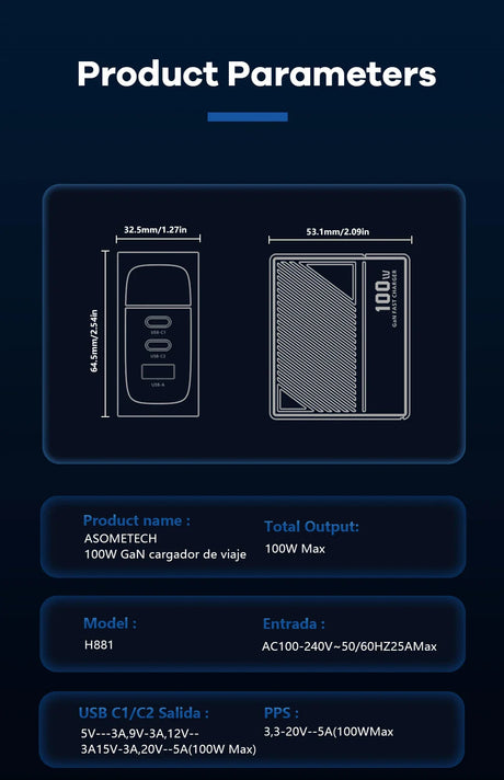 Product specification diagram for an ASOMETECH 100W GaN travel charger, showing dimensions and technical parameters.