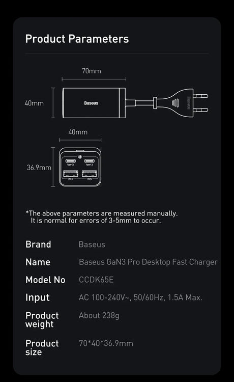 Product specification diagram for a Baseus GaN3 Pro Desktop Fast Charger, showing dimensions and technical details.