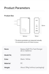 Product specification sheet for a Baseus GaN Pro Fast Charger, detailing its dimensions, model number, color options, material, and weight.