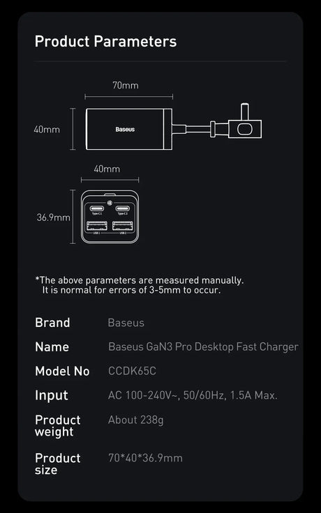 Product specification sheet for a Baseus GaN3 Pro Desktop Fast Charger, showing dimensions and technical details.