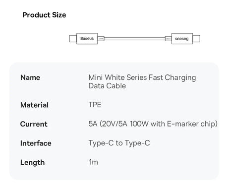 Product specification sheet for a Baseus Mini White Series Fast Charging Data Cable.