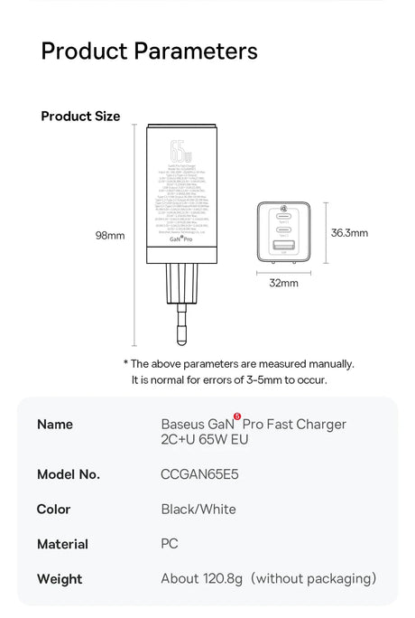 Product specification sheet for a Baseus GaN Pro Fast Charger, detailing its dimensions, model number, color options, material, and weight.