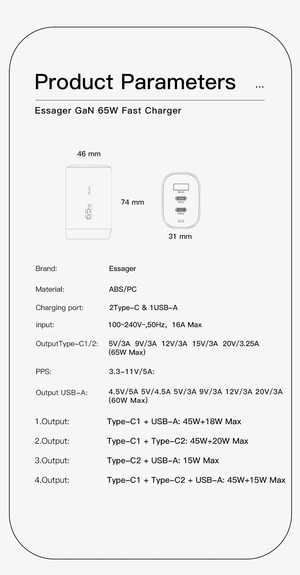 Product specification sheet for an Essager GaN 65W Fast Charger, detailing its dimensions, materials, ports, and electrical output parameters.