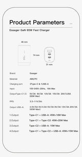 Product specification sheet for an Essager GaN 65W Fast Charger, detailing its dimensions, materials, ports, and electrical output parameters.