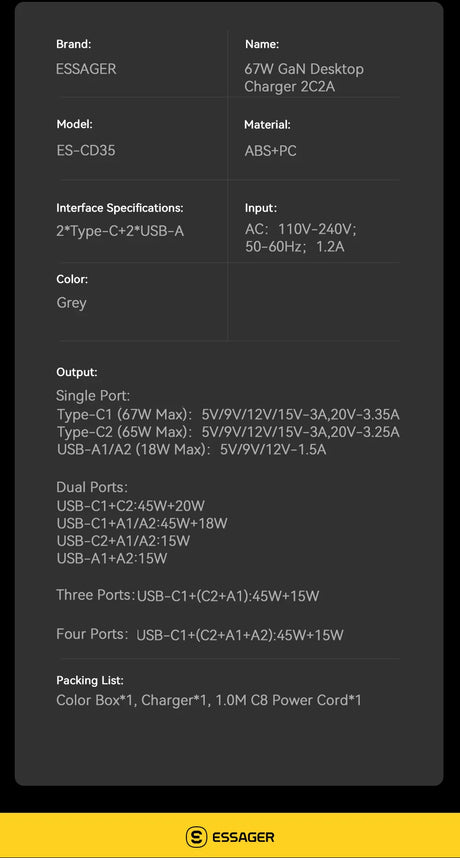 Product specification sheet for an ESSAGER 67W GaN desktop charger with multiple USB ports.