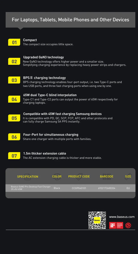 Product specification sheet for a multi-device charging adapter with various features listed.