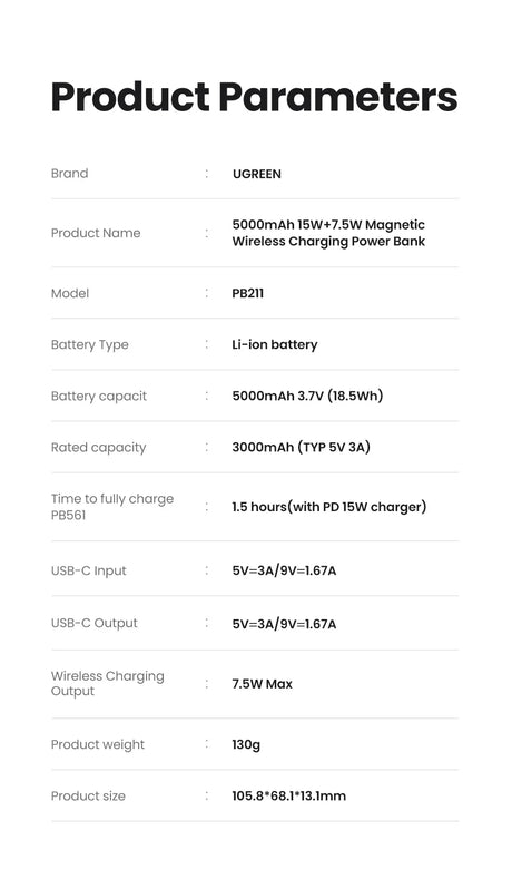 Product specification sheet listing parameters for a wireless charging power bank.